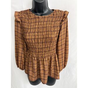 By the River Plaid Long Sleeve Top Ruffles Size M Prairie Cottagecore Retro